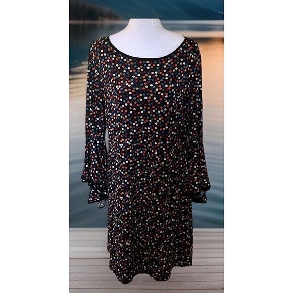 MSK Black Multi Color Polka Dots Bell Sleeve Shift Dress Women's Size L - Picture 1 of 8